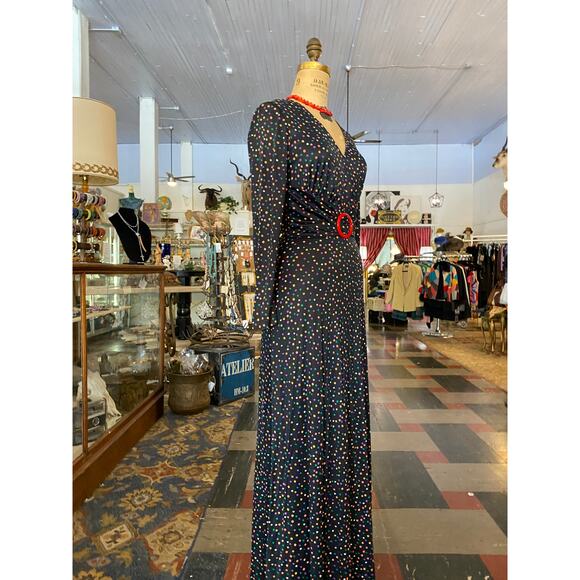 1970s maxi dress, rainbow polka dots, betty lou, 70s does 30s, 1930s style dress - Picture 4 of 10